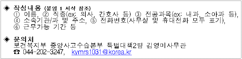 ◈ 작성내용 (붙임 1 서식 참조) : ① 이름, ② 직종(ex: 의사, 간호사 등) ③ 전공과목(ex: 내과, 소아과 등), ④ 소속기관/과 및 주소, ⑤ 전화번호(사무실 및 휴대전화 모두 표기), ⑥ 근무가능 기간 등 ◈ 문의처: 보건복지부 중앙사고수습본부 특별대책2팀 김영미사무관(☎ 044-202-3247, kymrs1031@korea.kr)