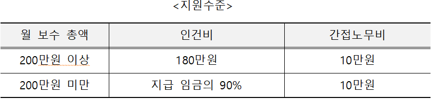 <지원수준 />  월 보수 총액   인건비  간접노무비  200만원 이상   180만원  10만원  200만원 미만  지급 임금의 90%  10만원