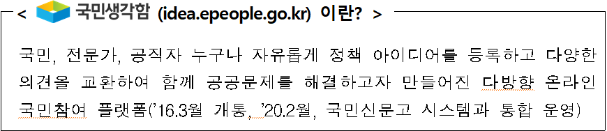 < 국민생각함 (idea.epeople.go.kr) 이란?  />  국민, 전문가, 공직자 누구나 자유롭게 정책 아이디어를 등록하고 다양한 의견을 교환하여 함께 공공문제를 해결하고자 만들어진 다방향 온라인 국민참여 플랫폼('16.3월 개통, '20.2월, 국민신문고 시스템과 통합 운영)