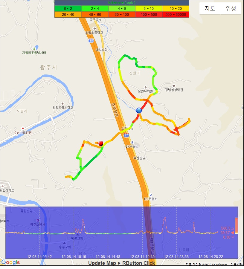 한강유역환경청 이동측정차량이 지난 12월 8일 경기도 광주시 일대를 분석한 미세먼지 전구체 감시 결과