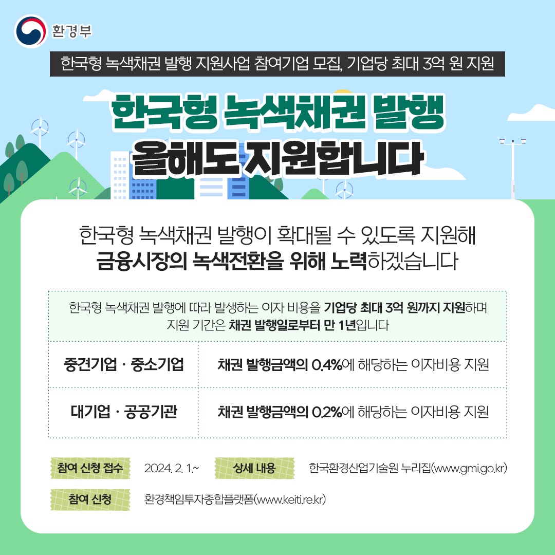 한국형 녹색채권 발행 지원사업 참여기업 모집, 기업당 최대 3억 원 지원