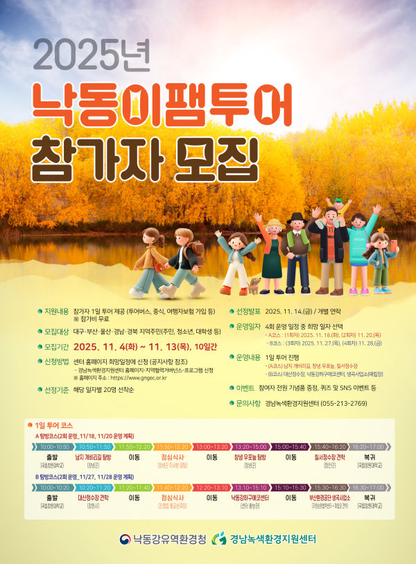 2025년 낙동이팸투어 참가자 모집 지원내용 참가자 1일 투어 제공(투어버스, 중식, 여행자보험 가입 등) ※ 참가비 무료 선정발표 2025.11.14.(금)/개별연락 모집대상 대구·부산·울산·경남·경북 지역주민(주민, 청소년, 대학생 등) 운영일자 4회 운영 일정 중 희망 일자 선택 -A코스 : (1회차)2025.11.18.(화), (2회차) 11.20.(목) -B코스 : (3회차) 2025.11.27.(목), (4회차)11.28.(금) 모집기간 2025.11.4(화) ~ 11.13(목), 10일간 신청방법 센터 홈페이지 희망일정에 신청 (공지사항 참조) -경남녹색환경지원센터 홈페이지-지역협력거버넌스-프로그램 신청 ※ 홈페이지 주소 : https://www.gngec.or.kr 운영내용 1일 투어 진행 -(A코스) 남지 개비리길, 창녕 우포늪, 칠서정수장 - (B코스) 대산정수장, 낙동강하구에코센터, 생곡사업소(매립장) 선정기준 해당 일자별 20명 선착순 이벤트 참여자 전원 기념품 증정, 퀴즈 및 SNS 이벤트 등 문의사항 경남녹색환경지원센터 (055-213-2769)