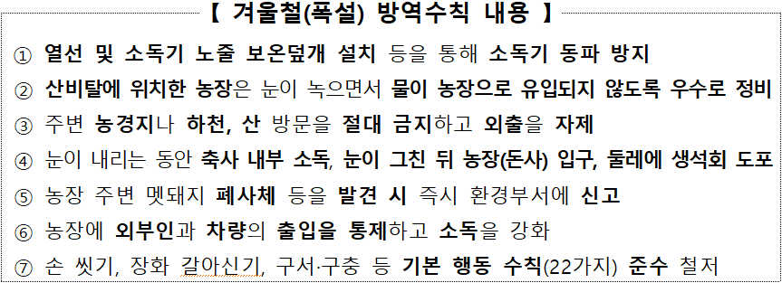 [ 겨울철(폭설) 방역수칙 내용 ]  ① 열선 및 소독기 노줄 보온덮개 설치 등을 통해 소독기 동파 방지  ② 산비탈에 위치한 농장은 눈이 녹으면서 물이 농장으로 유입되지 않도록 우수로 정비  ③ 주변 농경지나 하천, 산 방문을 절대 금지하고 외출을 자제  ④ 눈이 내리는 동안 축사 내부 소독, 눈이 그친 뒤 농장(돈사) 입구, 둘레에 생석회 도포   ⑤ 농장 주변 멧돼지 폐사체 등을 발견 시 즉시 환경부서에 신고  ⑥ 농장에 외부인과 차량의 출입을 통제하고 소독을 강화  ⑦ 손 씻기, 장화 갈아신기, 구서·구충 등 기본 행동 수칙(22가지) 준수 철저