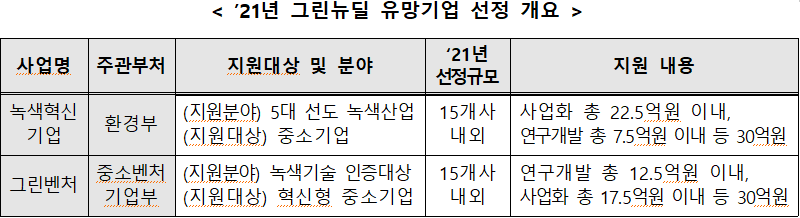 < '21년 그린뉴딜 유망기업 선정 개요  />  사업명  주관부처  지원대상 및 분야  '21년 선정규모  지원 내용  녹색혁신기업   환경부  (지원분야) 5대 선도 녹색산업  (지원대상) 중소기업  15개사 내외  사업화 총 22.5억원 이내,연구개발 총 7.5억원 이내 등 30억원  그린벤처  중소벤처기업부  (지원분야) 녹색기술 인증대상  (지원대상) 혁신형 중소기업  15개사 내외  연구개발 총 12.5억원 이내,사업화 총 17.5억원 이내 등 30억원