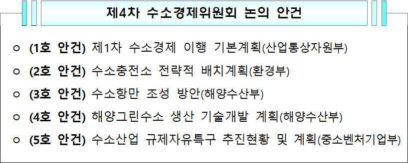 제4차 수소경제위원회 논의 안건  ㅇ (1호 안건) 제1차 수소경제 이행 기본계획(산업통상자원부)  ㅇ (2호 안건) 수소충전소 전략적 배치계획(환경부)  ㅇ (3호 안건) 수소항만 조성 방안(해양수산부)  ㅇ (4호 안건) 해양그린수소 생산 기술개발 계획(해양수산부)  ㅇ (5호 안건) 수소산업 규제자유특구 추진현황 및 계획(중소벤처기업부)