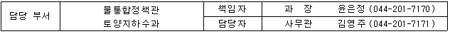 담당 부서 물통합정책관 토양지하수과 책임자 과  장  윤은정 (044-201-7170) 담당자 사무관 김영주 (044-201-7171)