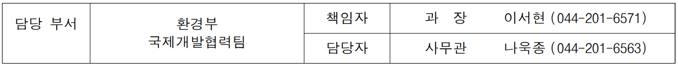 담당 부서 환경부 책임자 과  장  이서현 (044-201-6571)  국제개발협력팀 담당자 사무관 나욱종 (044-201-6563)