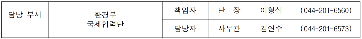  담당 부서 환경부 책임자 단  장  이형섭 (044-201-6560)  국제협력단 담당자 사무관 김연수 (044-201-6573)