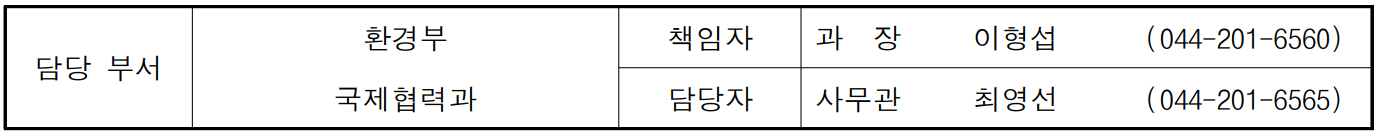 담당 부서 환경부 책임자 과  장  이형섭 (044-201-6560) 국제협력과 담당자 사무관 최영선 (044-201-6565)