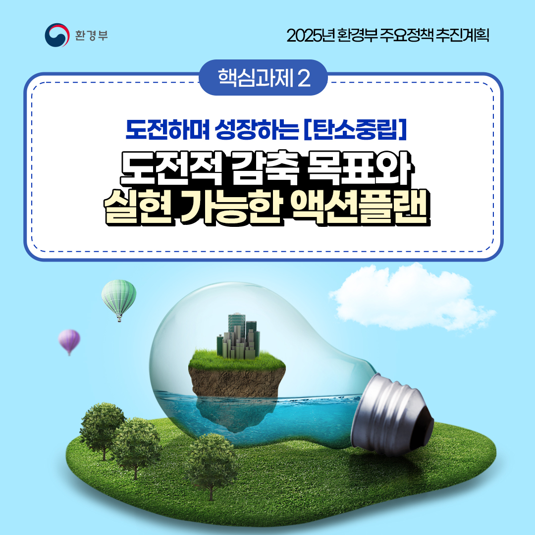 환경부
						2025년 환경부 주요정책 추진계획
						핵심과제 2
						도전하며 성장하는 [탄소중립]
						도전적 감축 목표와
						실현 가능한 액션플랜