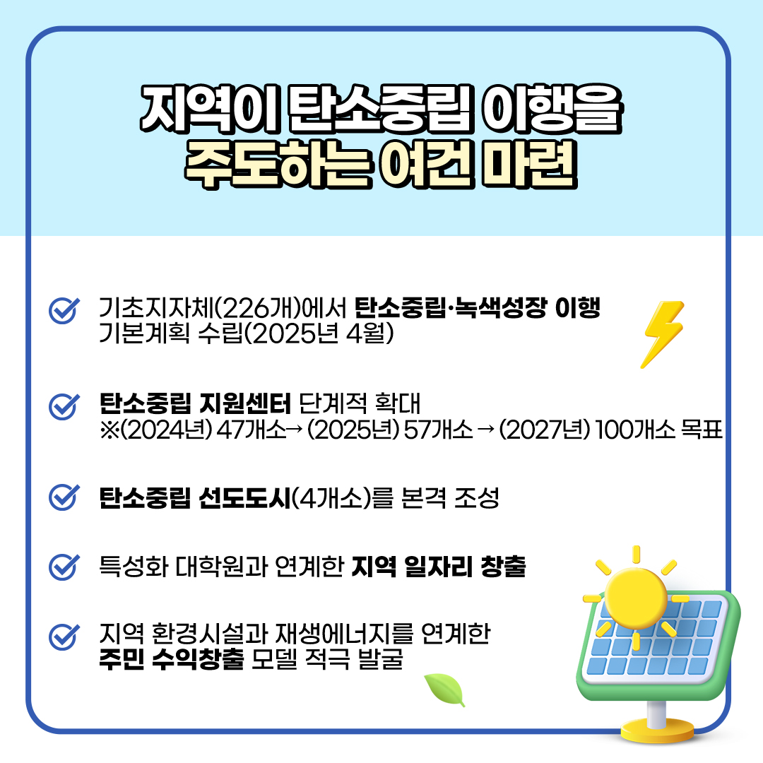 지역이 탄소중립 이행을
						주도하는 여건 마련
						- 기초지자체(226개)에서 탄소중립·녹색성장 이행
						기본계획 수립(2025년 4월)
						- 탄소중립 지원센터 단계적 확대
						※ (2024년) 47개소→(2025년) 57개소→(2027) 100개소 목표
						- 탄소중립 선도도시(4개소)를 본격 조성
						- 특성화 대학원과 연계한 지역 일자리 창출
						- 지역 환경시설과 재생에너지를 연계한 주민 수익창출 모델 적극 발굴