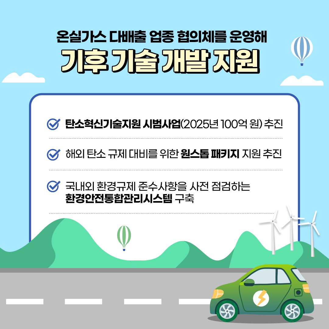 온실가스 배출 업종 협의체를 운영해
						기후 기술 개발 지원
						- 탄소혁신기술지원 시범사업(2025년 100억 원) 추진
						- 해외 탄소 규제 대비를 위한 원스톱패키지 지원 추진
						- 국내외 환경규제 준수사항을 사전 점검하는 환경안전통합관리시스템 구축