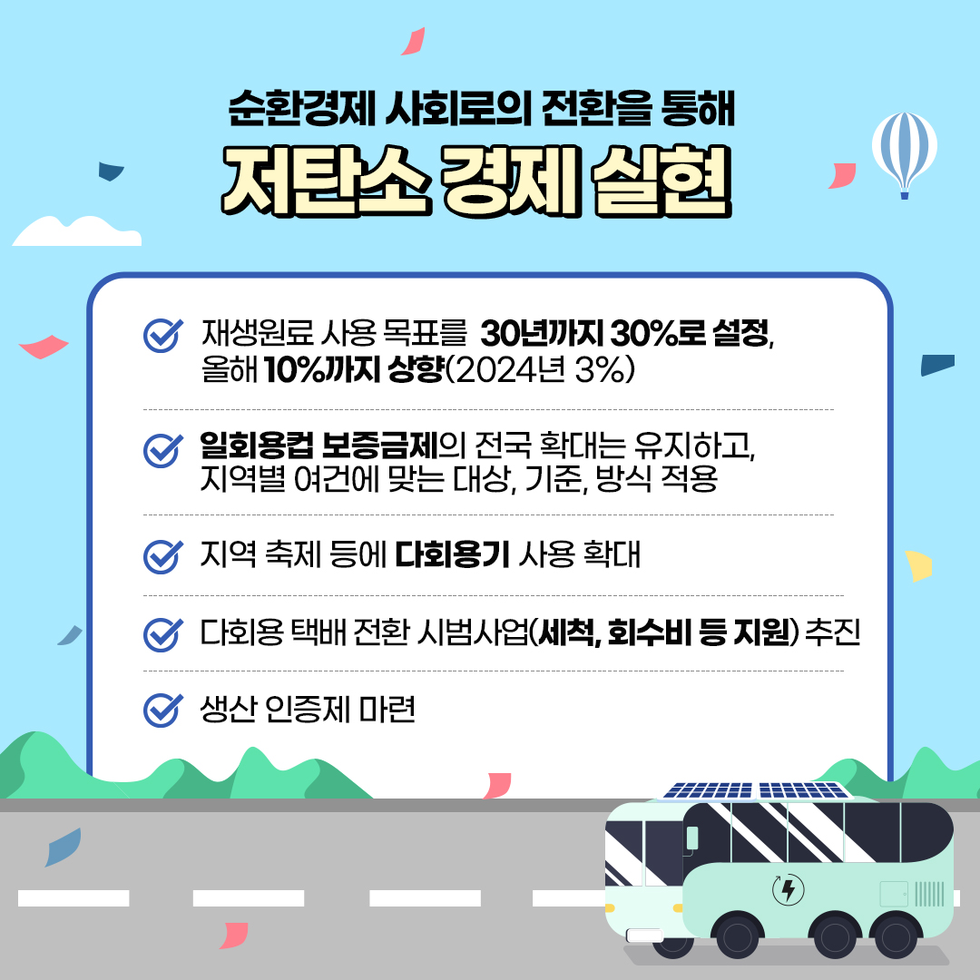 순환경제 사회로의 전환을 통해
						저탄소 경제 실현!
						- 재생원료 사용 목표를 30년까지 30%로 설정, 올해 10%까지 상향(2024년 3%)
						- 일회용컵 보증금제의 전국 확대는 유지하고, 지역별 여건에 맞는 대상, 기준, 방식 적용
						- 지역 축제 등에 다회용기 사용 확대
						- 다회용 택배 전환 시범사업(세척, 회수비 등 지원) 추진
						- 생산 인증제 마련