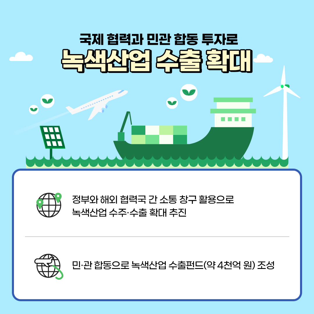 국제협력과 민관합동 투자로
						녹색산업 수출 확대
						- 정부와 해외 협력국 간 소통 창구 활용으로
						녹색산업 수주·수출 확대 추진
						- 민·관 합동으로 녹색산업 수출펀드(약 4천억원) 조성