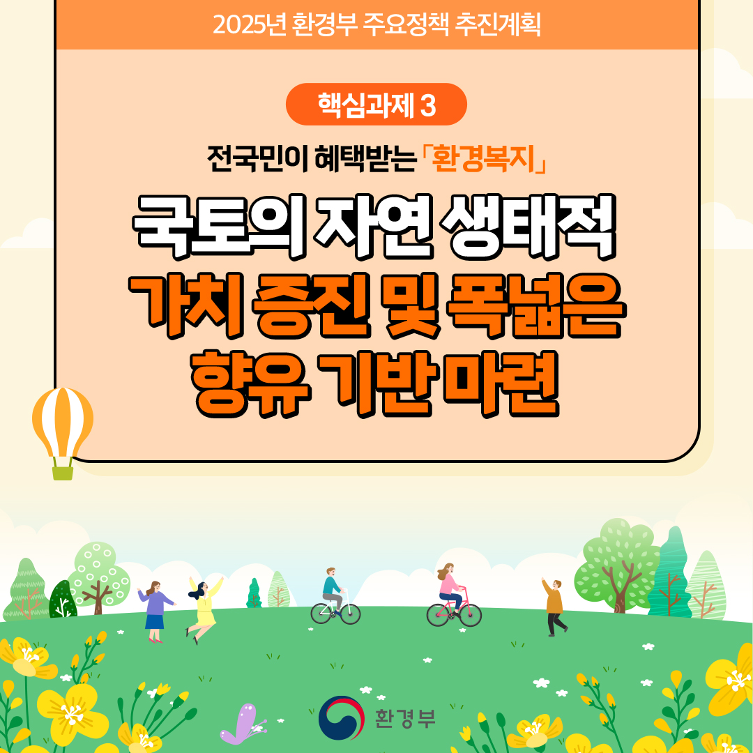2025년 환경부 주요정책 추진계획
						핵심과제 3
						전국민이 혜택받는 「환경복지」
						국토의 자연생태적
						가치증진 및 폭넓은
						향유 기반 마련
						환경부