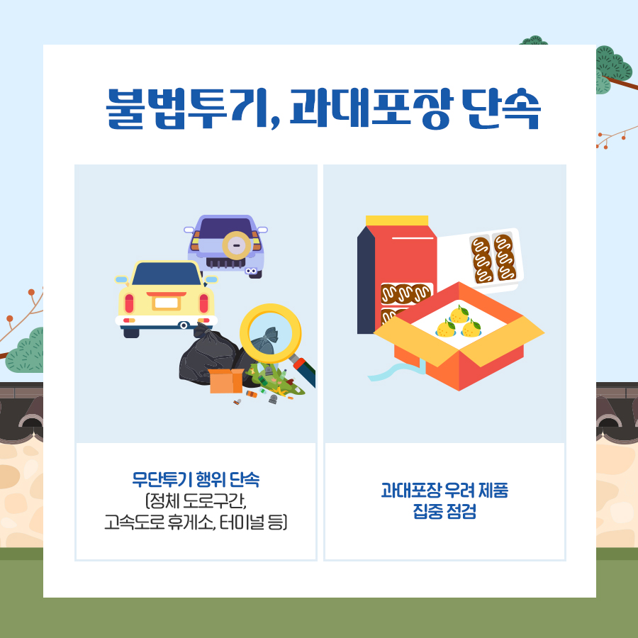 불법투기, 과대포장 단속
무단투기 행위 단속
(정체 도로구간, 고속도로휴게소, 터미널 등)
과대포장 우려 제품 집중 점검