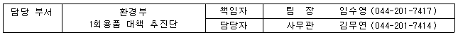 담당 부서 환경부 1회용품 대책 추진단 책임자 팀  장  임수영 (044-201-7417) 담당자 사무관 김무연 (044-201-7414)