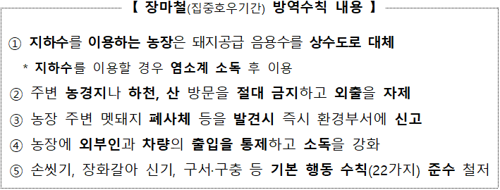 [장마철(집중호우기간) 방역수칙 내용]  ① 지하수를 이용하는 농장은 돼지공급 음용수를 상수도로 대체  * 지하수를 이용할 경우 염소계 소독 후 이용  ② 주변 농경지나 하천, 산 방문을 절대 금지하고 외출을 자제  ③ 농장 주변 멧돼지 폐사체 등을 발견시 즉시 환경부서에 신고  ④ 농장에 외부인과 차량의 출입을 통제하고 소독을 강화  ⑤ 손씻기, 장화갈아 신기, 구서·구충 등 기본 행동 수칙(22가지) 준수 철저