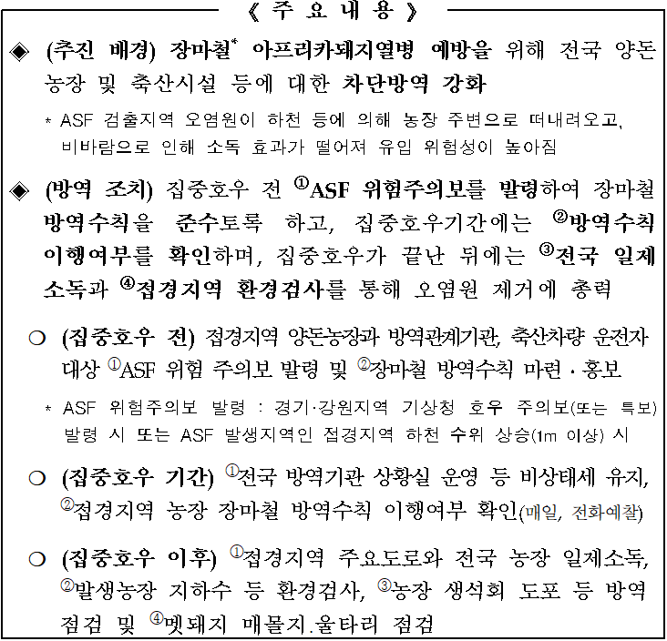 < 주요내용  />  ◈ (추진 배경) 장마철* 아프리카돼지열병 예방을 위해 전국 양돈농장 및 축산시설 등에 대한 차단방역 강화  * ASF 검출지역 오염원이 하천 등에 의해 농장 주변으로 떠내려오고,비바람으로 인해 소독 효과가 떨어져 유입 위험성이 높아짐  ◈ (방역 조치) 집중호우 전 ①ASF 위험주의보를 발령하여 장마철 방역수칙을 준수토록 하고, 집중호우기간에는 ②방역수칙 이행여부를 확인하며, 집중호우가 끝난 뒤에는 ③전국 일제소독과 ④접경지역 환경검사를 통해 오염원 제거에 총력  ○ (집중호우 전) 접경지역 양돈농장과 방역관계기관, 축산차량 운전자 대상 ①ASF 위험 주의보 발령 및 ②장마철 방역수칙 마련·홍보  * ASF 위험주의보 발령 : 경기·강원지역 기상청 호우 주의보(또는 특보) 발령 시 또는 ASF 발생지역인 접경지역 하천 수위 상승(1m 이상) 시  ○ (집중호우 기간) ①전국 방역기관 상황실 운영 등 비상태세 유지, ②접경지역 농장 장마철 방역수칙 이행여부 확인(매일, 전화예찰)  ○ (집중호우 이후) ①접경지역 주요도로와 전국 농장 일제소독, ②발생농장 지하수 등 환경검사, ③농장 생석회 도포 등 방역점검 및 ④멧돼지 매몰지·울타리 점검