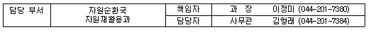 담당 부서 자원순환국 자원재활용과 책임자 과  장  이정미 (044-201-7380) 담당자 사무관 김형래 (044-201-7384)