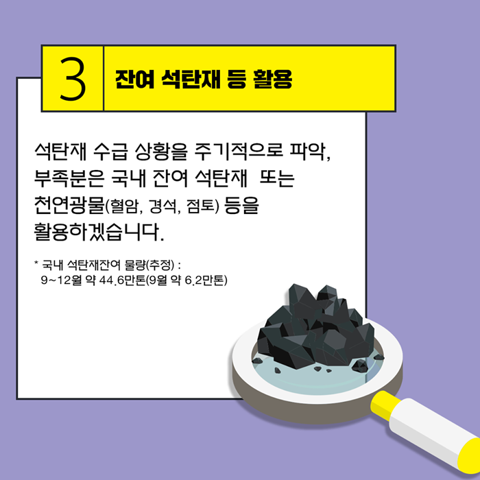 3) 잔여 석탄재 등 활용 석탄재 수급 상황을 주기적으로 파악, 부족분은 국내 잔여 석탄재 또는 천연광물(혈암, 경석, 점토) 등을 활용하겠습니다. *국내 석탄재잔여 물량(추정): 9~12월 약 44.6만톤(9월 약 6.2만톤)